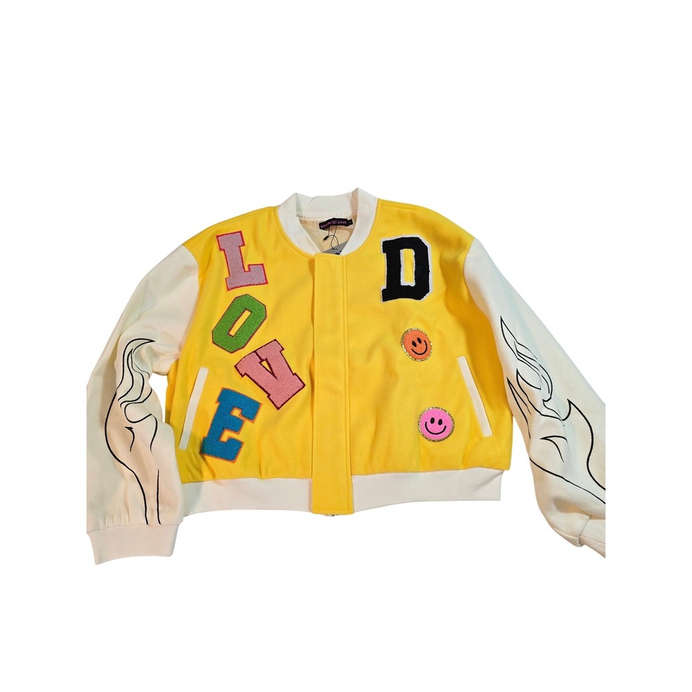 Denim Love Kids Yellow Letter Patches Smiley Face Flames Bomber Jacket Size M‎